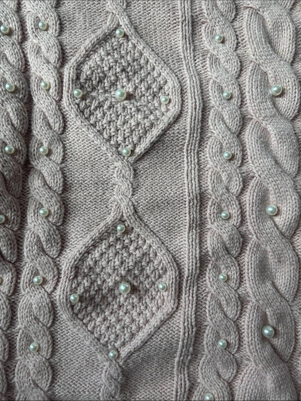 Women's Pink Cable Knit Sweater with Pearl Accents